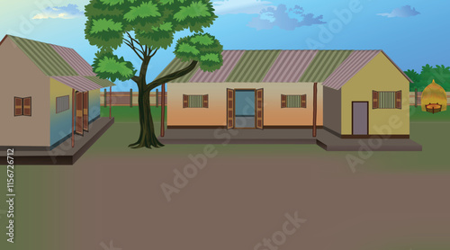 Illustration of a rural village scene with houses, a tree, and a peaceful courtyard under a blue sky - countryside landscape art