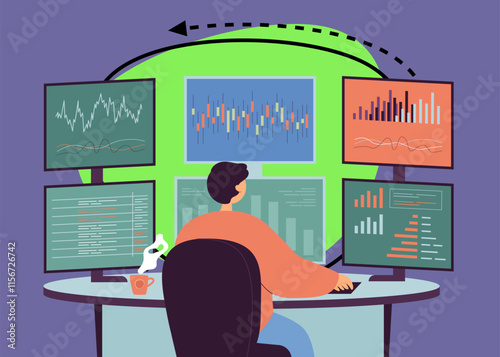 Man sitting at desk with computers in office. Stock trader or broker looking at multiple screens with financial and market charts flat vector illustration. Economic and business analysis concept