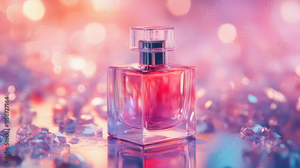 Elegant perfume bottle surrounded by shimmering crystals and a colorful blurred background at sunset