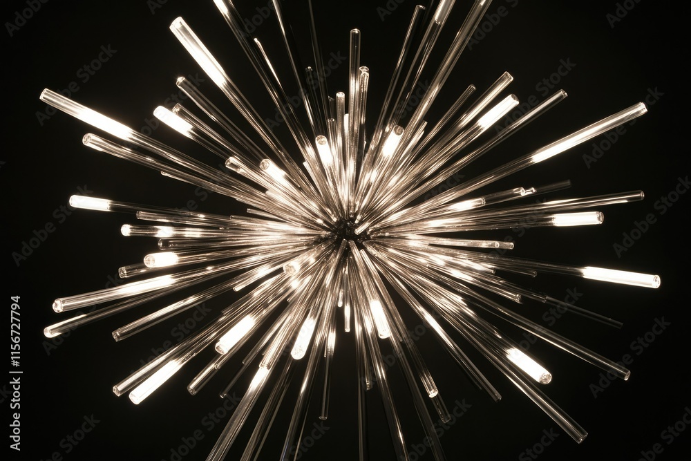 Obraz premium A modern, radiant chandelier with numerous glass rods radiating outwards, creating a firework-like effect.