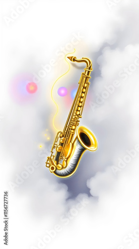 saxophone floating in a smoke