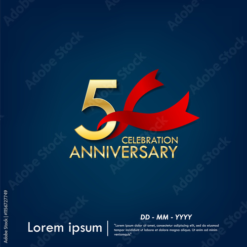 5th years anniversary celebration emblem. elegant golden anniversary logo isolated with red ribbon on dark blue background. vector illustration template design for web, flyers, poster, greeting