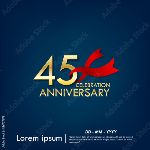 45th years anniversary celebration emblem. elegant golden anniversary logo isolated with red ribbon on dark blue background. vector illustration template design for web, flyers, poster, greeting photo