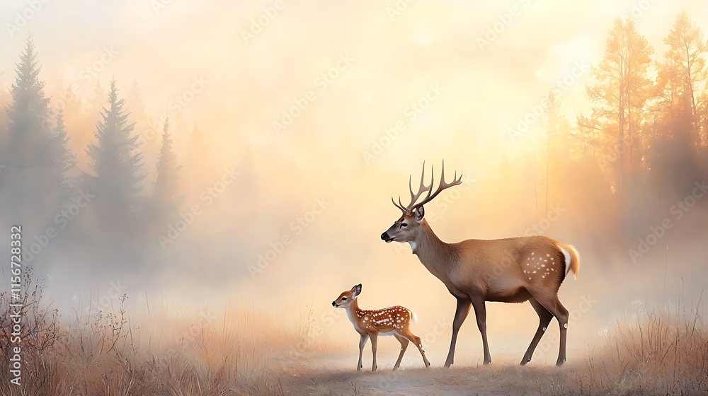 Watercolor animal scene majestic deer and fawn in misty forest nature beauty serene atmosphere Watercolor animal scene majestic deer and fawn in misty forest nature beauty serene atmosphere