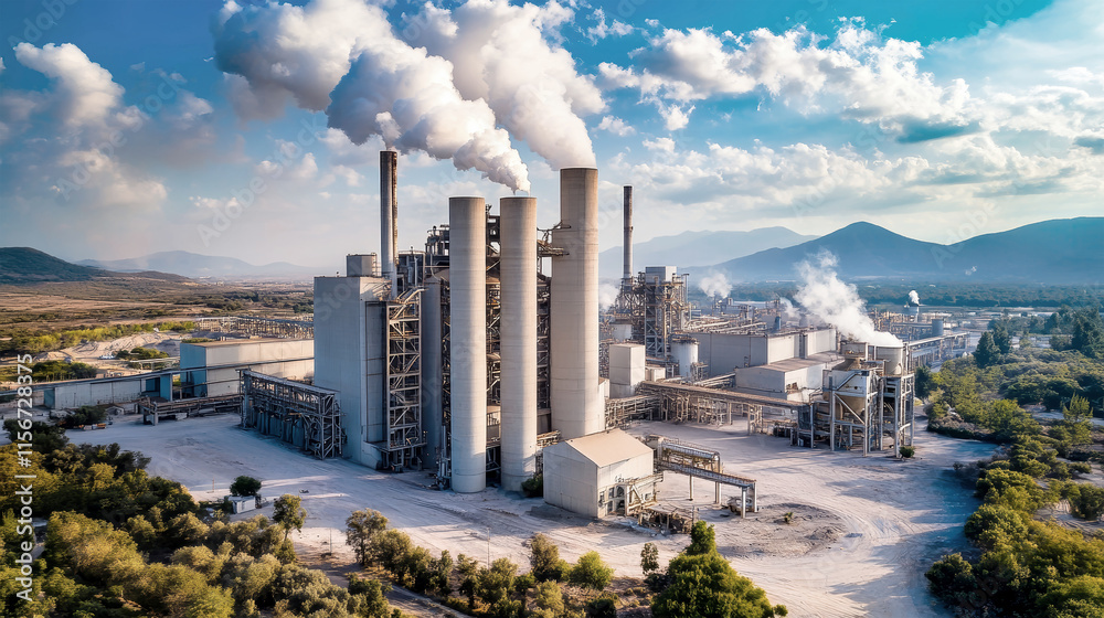Cement production plant under a clear sky with smoke billowing from chimneys in an industrial landscape Cement production plant under a clear sky with smoke billowing from chimneys in an industrial landscape