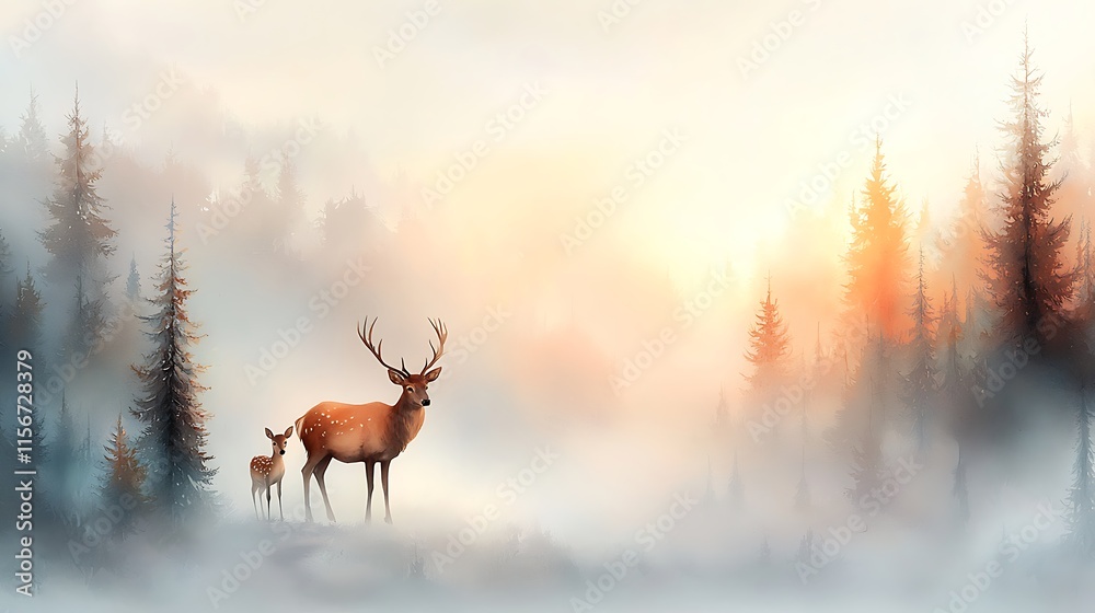 Majestic watercolor animal scene of deer in misty forest at sunrise nature artwork Majestic watercolor animal scene of deer in misty forest at sunrise nature artwork