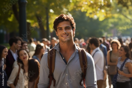 A man with a backpack is smiling in a crowd of people
