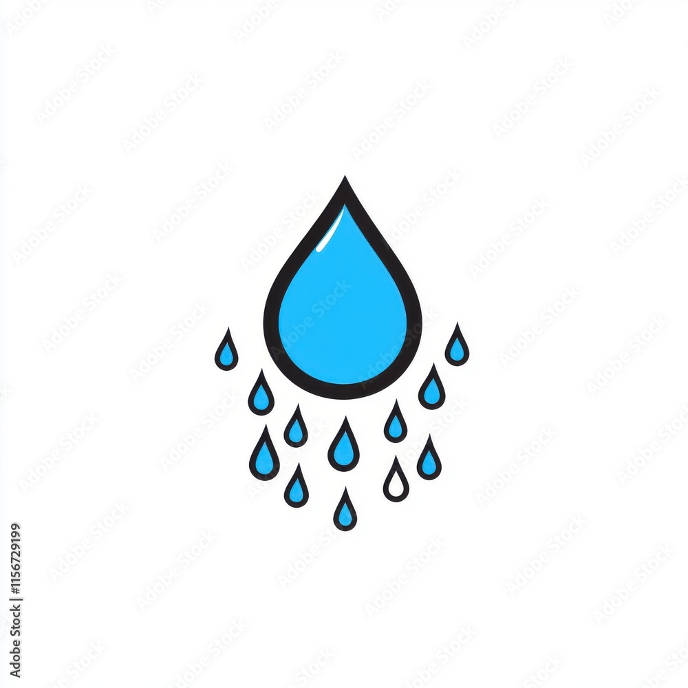 A vibrant blue water droplet with smaller droplets falling against a clean white background. A vibrant blue water droplet with smaller droplets falling against a clean white background.