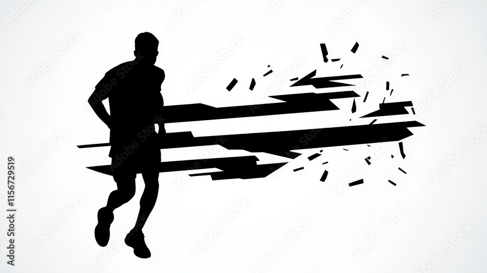 Obraz premium A powerful silhouette of a runner crossing the finish line, with faint patterns of confetti and glowing gradients emphasizing triumph and determination. 