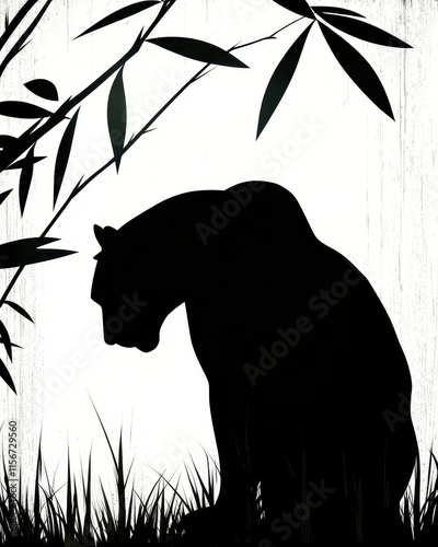 A powerful silhouette of a tiger prowling through tall grass, its form sleek and imposing, framed by faint foliage patterns and golden gradients that enhance its majestic and stealthy appearance.  photo