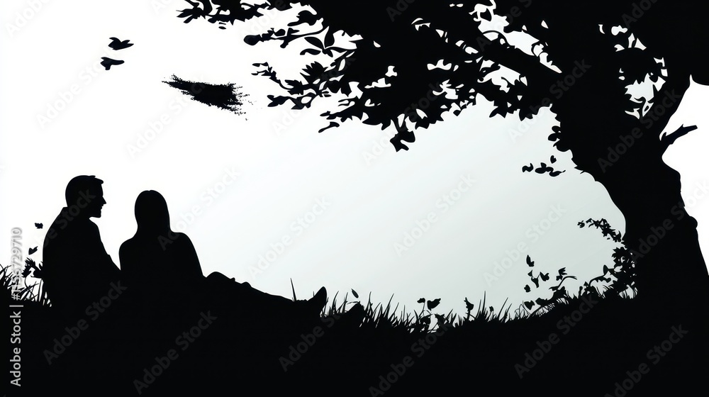 A serene silhouette of a couple enjoying a picnic under a large tree, surrounded by faint floral patterns and soft pastel gradients, evoking themes of romance and tranquility. A serene silhouette of a couple enjoying a picnic under a large tree, surrounded by faint floral patterns and soft pastel gradients, evoking themes of romance and tranquility.