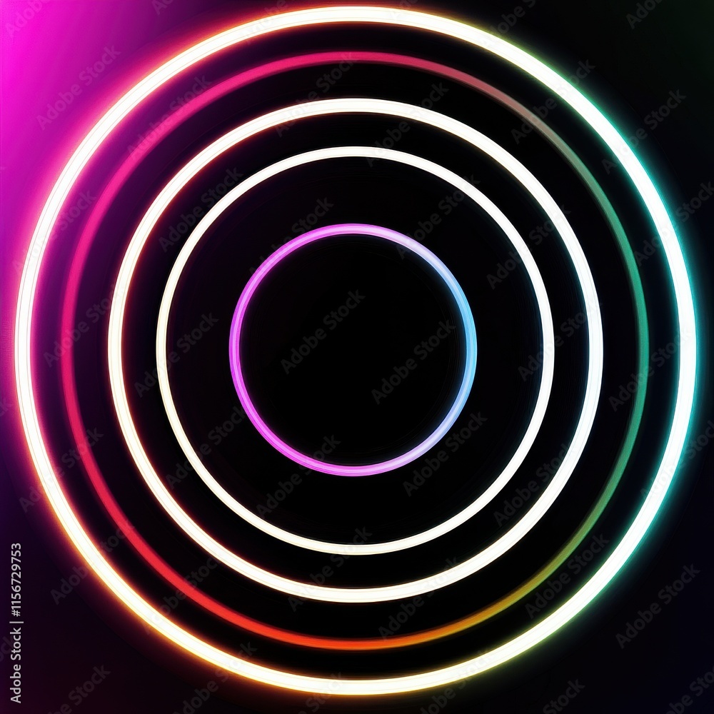 Abstract colorful concentric circles with glowing neon lights on a black background. Abstract colorful concentric circles with glowing neon lights on a black background.