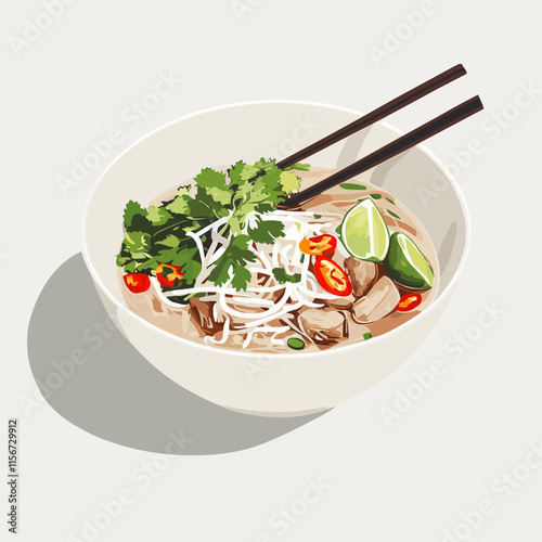 Minimalist Pho Bowl with Rice Noodles and Fresh Garnishes