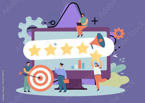 Managers analyzing company rating and brand reputation. Big computer and tiny people vector illustration. Professional management, insight, SEO, social network analytics concept