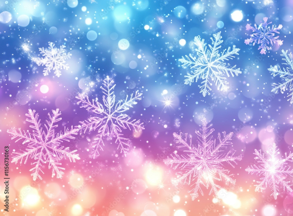 Beautiful Colorful Winter Background with Snowflakes and Bokeh Lights for Seasonal Designs and Holiday Themes
