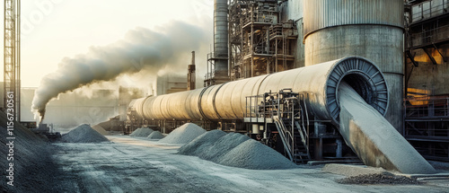 Modern industrial lime kiln with smoke and mechanical sand production in a gray cement factory photo