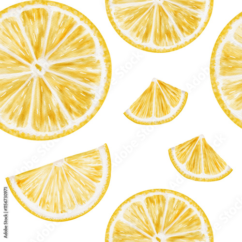 round lemon slices. Juicy citrus fruit cut into pieces. Seamless pattern without background. Watercolor illustration. Yellow and white natural colors. Boltanic image