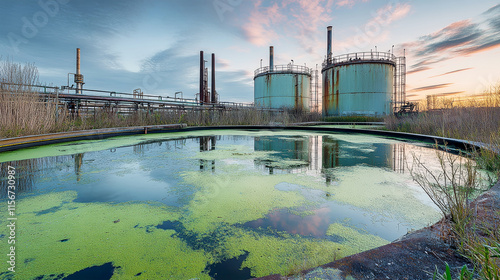 Industrial relic of a bygone era with green algae covering abandoned water pool at sunset photo