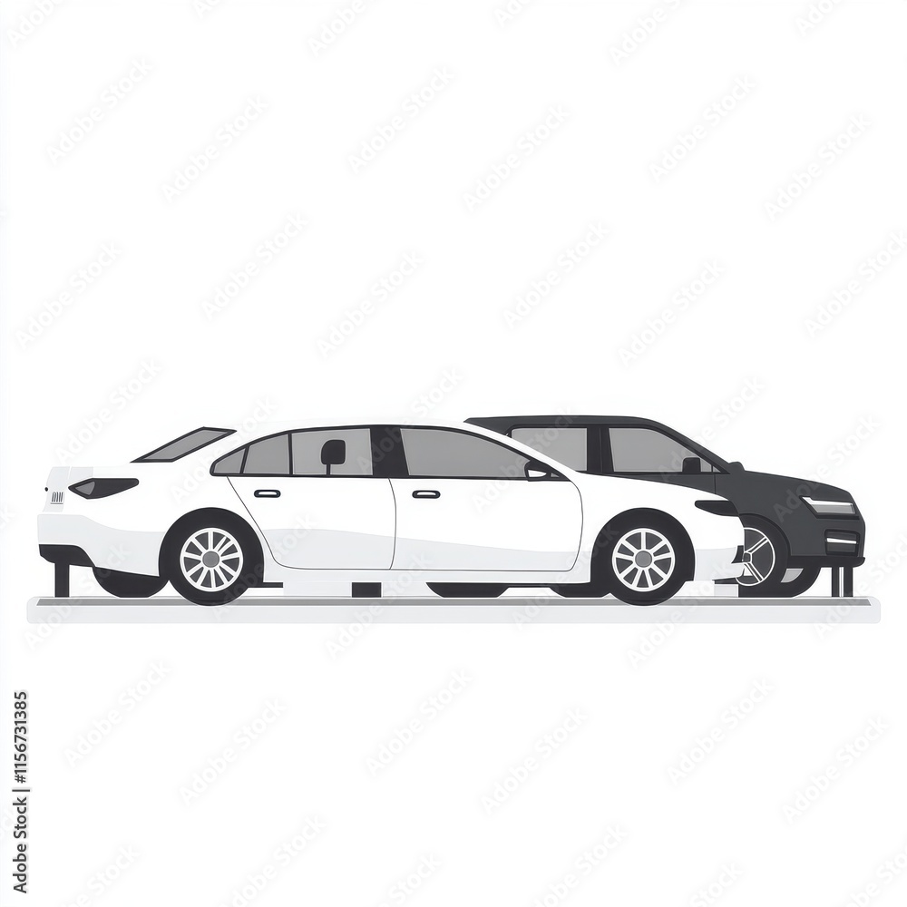 A sleek white sedan parked next to a stylish black SUV on a minimalist display. A sleek white sedan parked next to a stylish black SUV on a minimalist display.