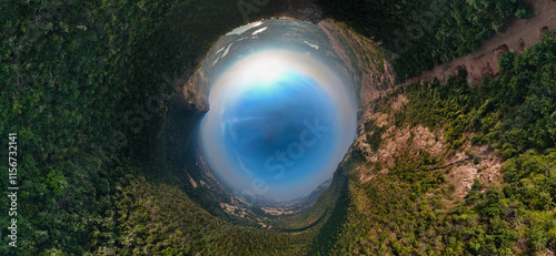 drone spherical view of forest, 360-degree forest panorama, tiny planet view nature, aerial wraparound forest shot, immersive drone photography, lush green wilderness, unique nature perspective. photo