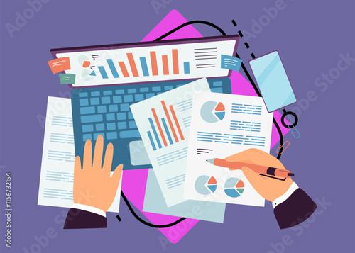 Audit research of business documents by accountant analyst. Hands of office worker analyzing report charts, studying with laptop flat vector illustration. Paperwork, analytic technology concept