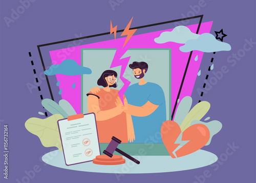 Divorce agreement with signatures from ex husband and wife. Torn photo of couple people, gavel and broken heart flat vector illustration. Divorce, breakup, family and relationship problem concept