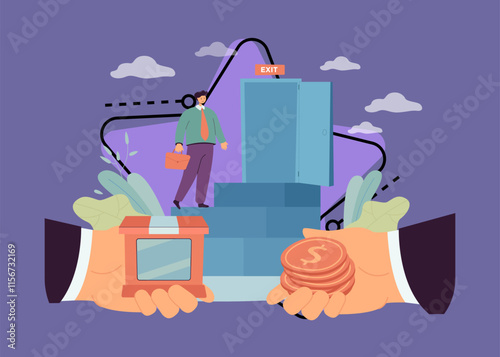 Change of ownership and sale of company by owner. Businessman selling, climbing to exit door of business, entrepreneurs hands making deal flat vector illustration. Bankruptcy, trade, buyout concept