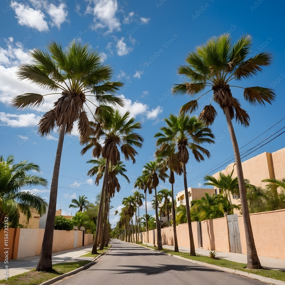 Tranquil Street with a Row of Mexican Fan Palms Under Clear Skies Tranquil Street with a Row of Mexican Fan Palms Under Clear Skies