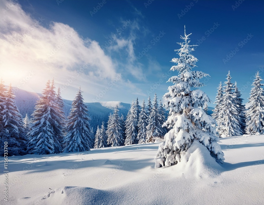 Fototapeta premium Majestic white spruces glowing by sunlight. Picturesque and gorgeous wintry scene. Location place Carpathian national park, Ukraine, Europe. Alps ski resort. Blue toning. Happy New Year! Beauty world.