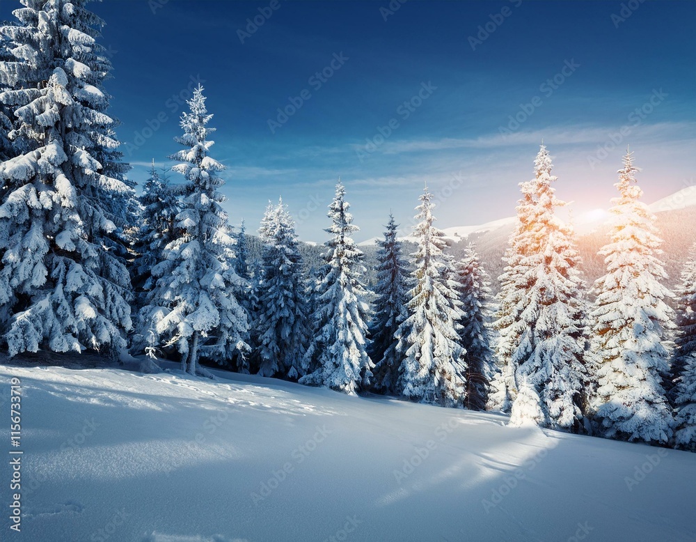 Majestic white spruces glowing by sunlight. Picturesque and gorgeous wintry scene. Location place Carpathian national park, Ukraine, Europe. Alps ski resort. Blue toning. Happy New Year! Beauty world.