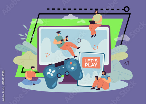 Tiny gamers playing in video multiplayer games online. People gaming, using vr headset device, tablet and phone, laptop flat vector illustration. Virtual reality, cross platform, entertainment concept