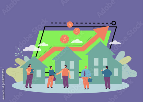 Sale or rent of real estate between agent and client. People investing in buying houses due to rising cost of real estate flat vector illustration. Property investment, growth of market concept