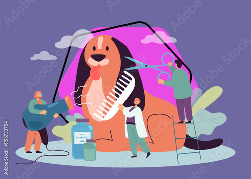 Team of tiny barbers making haircut to animal in grooming salon. Male and female groomers holding comb, scissors and hair dryer flat vector illustration. Dog care service, grooming, hygiene concept