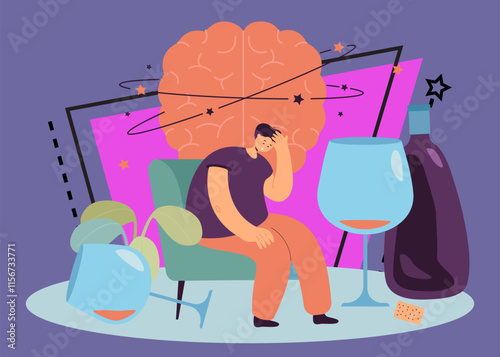 Strong hangover of man after drinking alcohol. Drunk tiny person sitting with bottle and glasses of liquor and dizzy brain flat vector illustration. Addiction, problem of health, bad habit concept