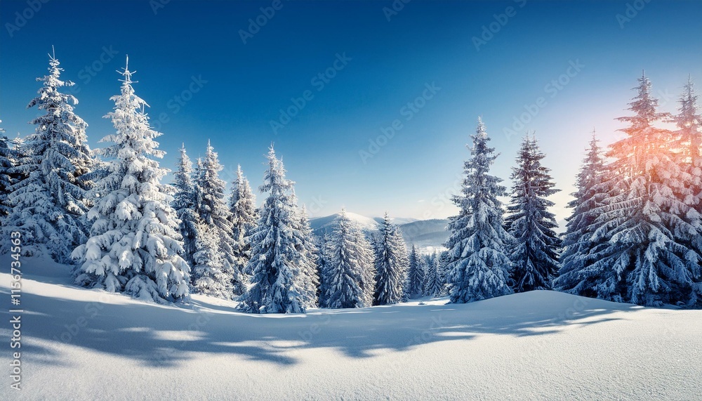 Fototapeta premium Majestic white spruces glowing by sunlight. Picturesque and gorgeous wintry scene. Location place Carpathian national park, Ukraine, Europe. Alps ski resort. Blue toning. Happy New Year! Beauty world.