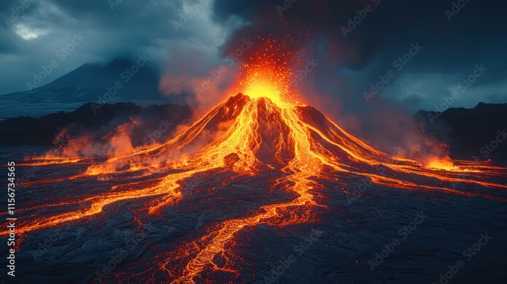 Fototapeta premium Erupting volcano with flowing lava and ash clouds under a dramatic sky.