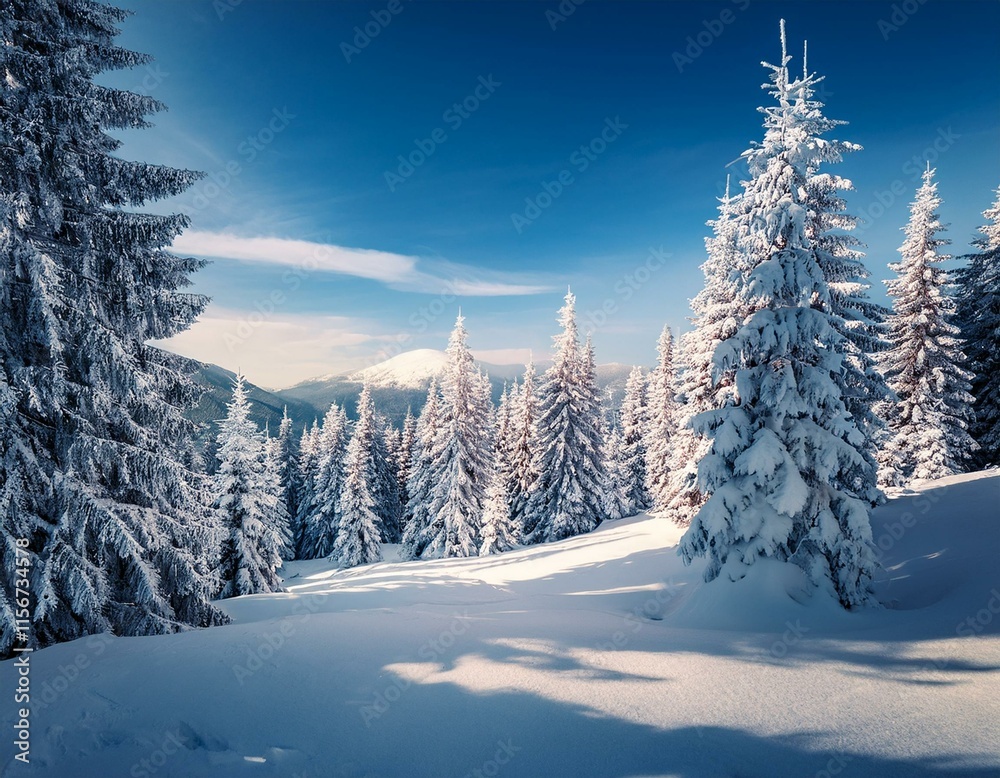 Obraz premium Majestic white spruces glowing by sunlight. Picturesque and gorgeous wintry scene. Location place Carpathian national park, Ukraine, Europe. Alps ski resort. Blue toning. Happy New Year! Beauty world.