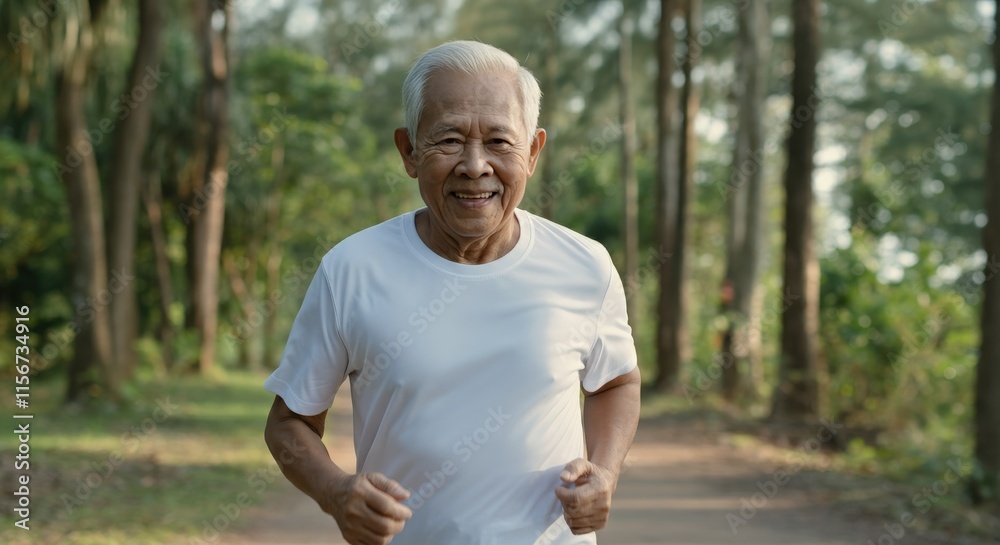 Elderly asian male jogging in park for healthy lifestyle and fitness routine Elderly asian male jogging in park for healthy lifestyle and fitness routine