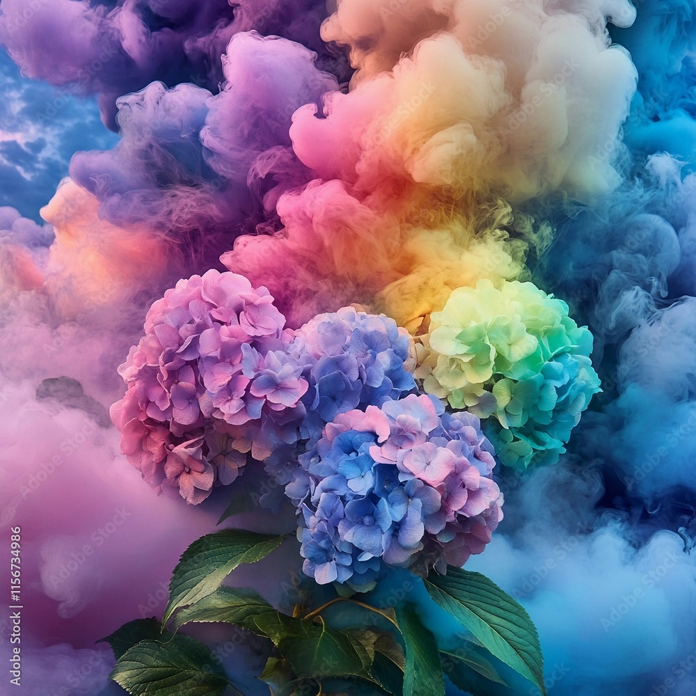 Fototapeta premium Colorful hydrangeas emerge from vibrant smoke in an artistic display of nature and creativity