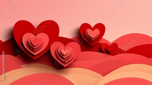 A vector-style paper art design with layered hearts in red and pink tones, leaving ample copy space on a gradient background.  photo