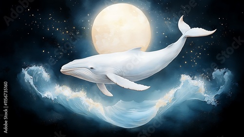 Majestic whale swimming in watercolor animal art under a full moon at sea photo