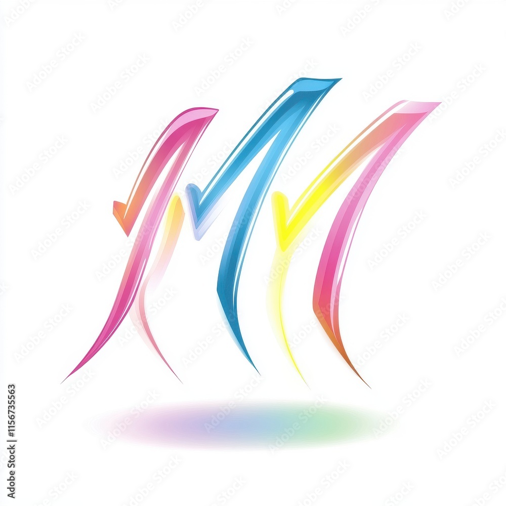 Fototapeta premium A vibrant, abstract design featuring colorful stylized 'M' letters in pink, blue, and yellow on a white background.