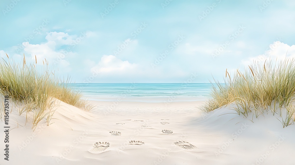 Watercolor animal tracks on tranquil beach coastal landscape serene seaside view Watercolor animal tracks on tranquil beach coastal landscape serene seaside view
