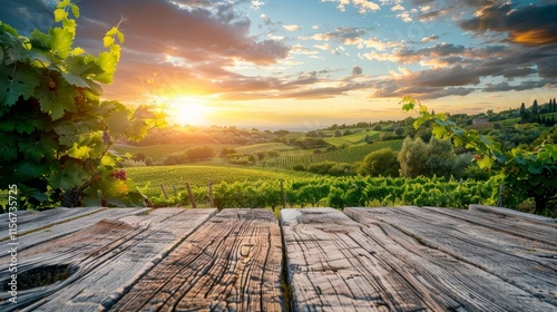 Spacious wooden table surrounded by lush grape vines in a serene vineyard landscape