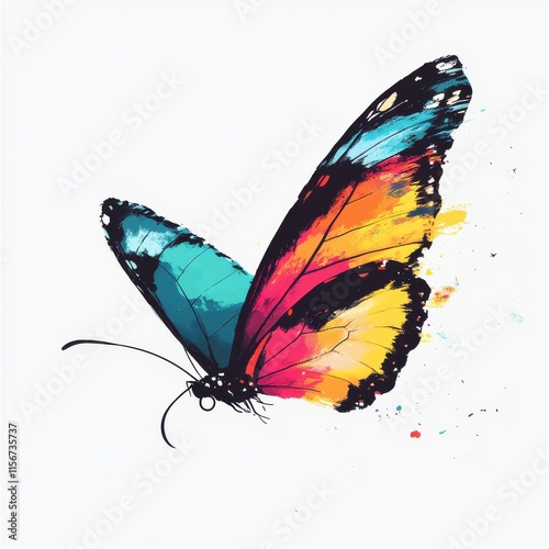 A vibrant butterfly illustration showcasing vivid colors of turquoise, yellow, and magenta on a bright background.