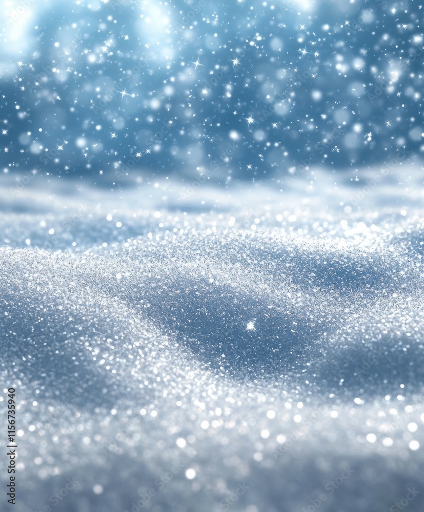 Obraz premium Beautiful Winter Snowfall on Sparkling Snow Surface Creating a Magical Cold Atmosphere with Glimmering Lights and Soft Blue Background