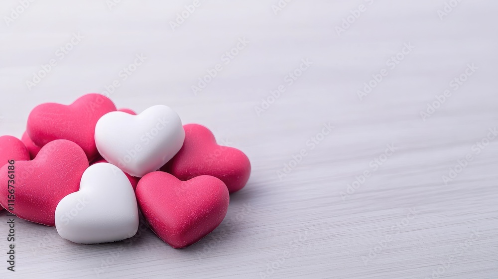 Fototapeta premium Colorful heart-shaped candies arranged on a light surface, evoking feelings of love and affection.