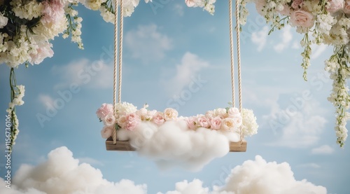 Fototapeta Naklejka Na Ścianę i Meble -  Beautiful floral swing suspended among fluffy clouds with a serene blue sky backdrop