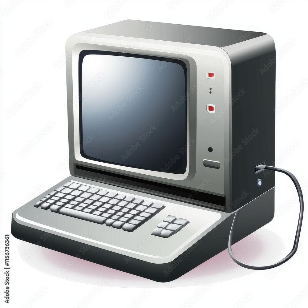 A retro-style computer with a monitor, keyboard, and power cord, evoking nostalgia for vintage technology. A retro-style computer with a monitor, keyboard, and power cord, evoking nostalgia for vintage technology.