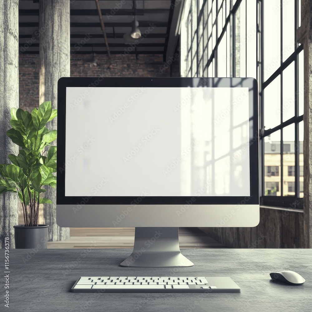 Fototapeta premium A sleek silver computer monitor sits on a wooden desk in a bright, modern workspace with large windows and greenery.